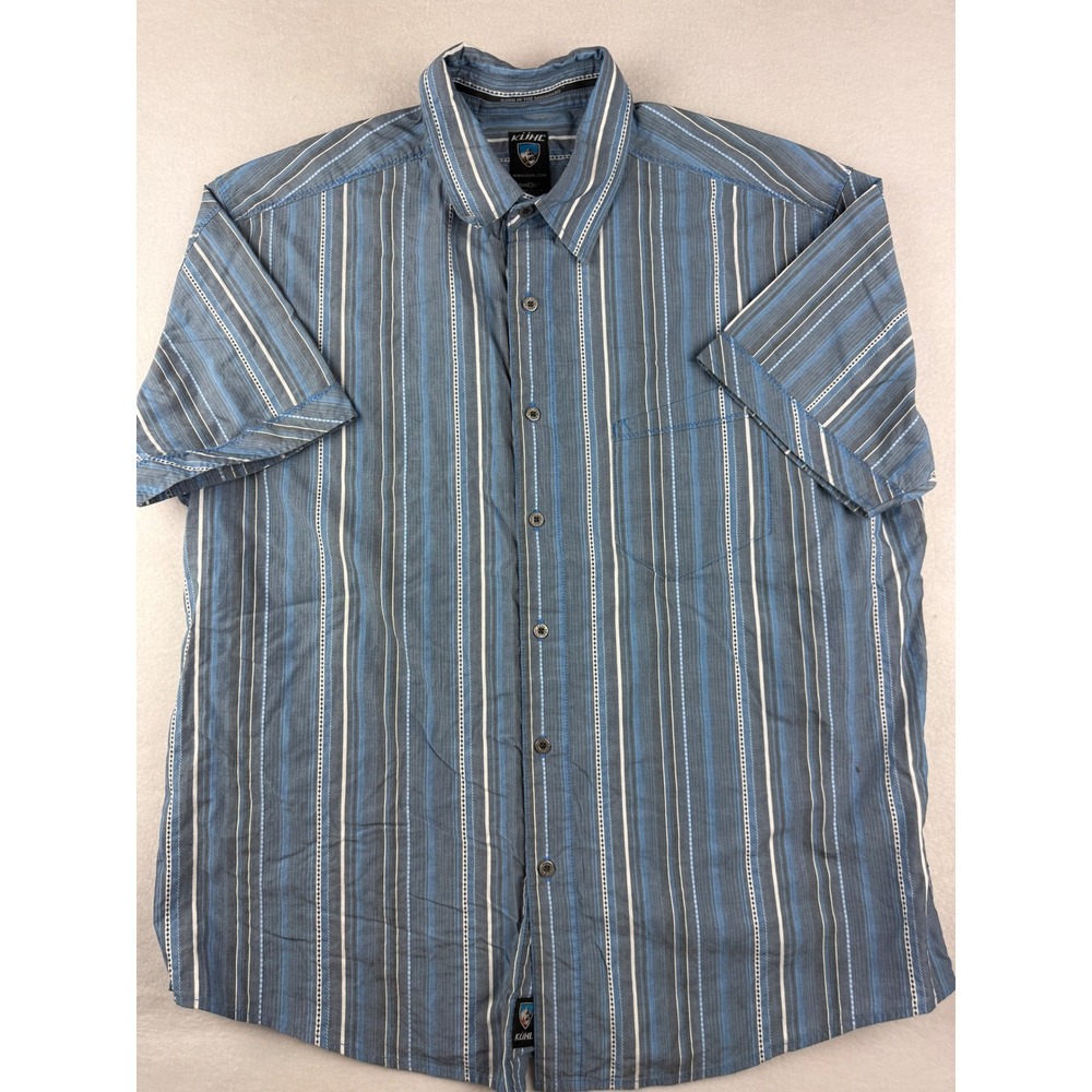 Kuhl SunCel Mens XL Blue Striped Short Sleeve Button Down Hiking Shirt Cotton